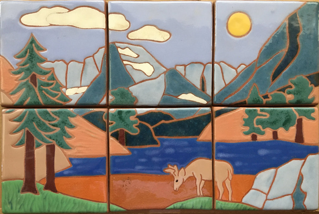 Mountain Scene (hand painted), 12" x 18" Mural<br/>Art Tiles<br/>6" x 6" each